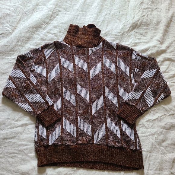 Vintage Her Women's Brown Acrylic Cowl Neck Funky Chevron Pattern Knit Sweater - Picture 9 of 13